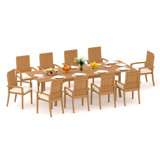 10 Seats 11 Pcs Grade-A Teak Wood Dining Set: 118" Double Extension Rectangle Table And 10 Goa Stackng Arm Chairs #11GO2410
