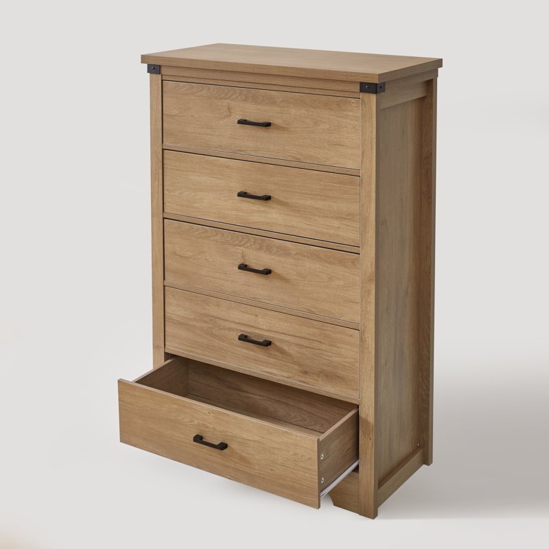 Commode haute à 5 tiroirs avec rangement vertical spacieux, commode de chambre en bois naturel