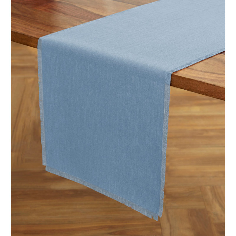 Fringe - 100% Pure Linen Table Runner, 108" x 14" Rectangle, Dusty Chambray Blue