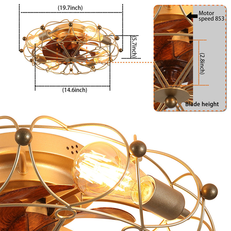 Ventilateur de plafond en cage à profil bas avec télécommande et lumières, ventilateur industriel intégré moderne, Doré