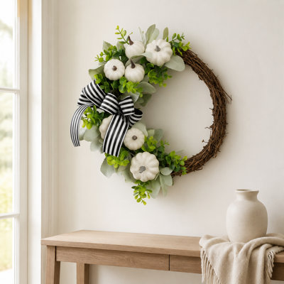 Artificial Fall Pumpkin Wreath with White Pumpkins, Eucalyptus Leaves and Striped Bow, Autumn Front Door Decoration