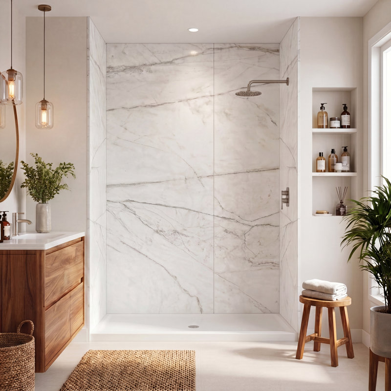 Titan Aluminum Composite 64" W x 48" D x 96" H 3-Piece Trimmable Shower Wall Panel Kit, Summit Ultra Honed