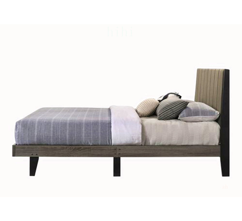 Lit Queen en tissu vieilli, design discret et sommier à lattes robustes, idéal pour les chambres modernes.