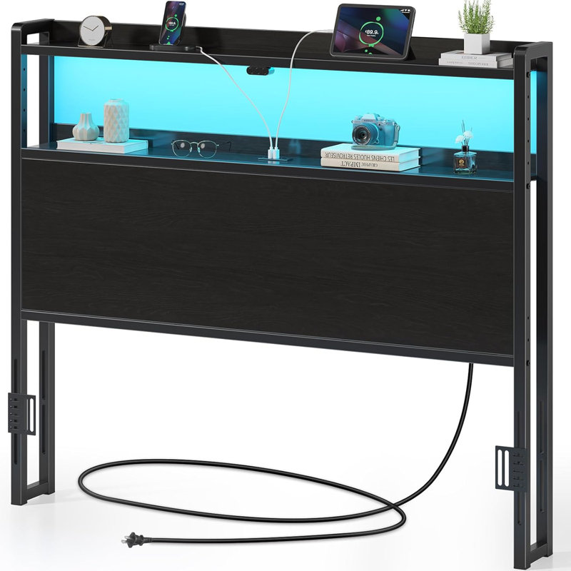 Berte Storage Upholstered Headboard With RGB LED Lights & Charging Station, Full
