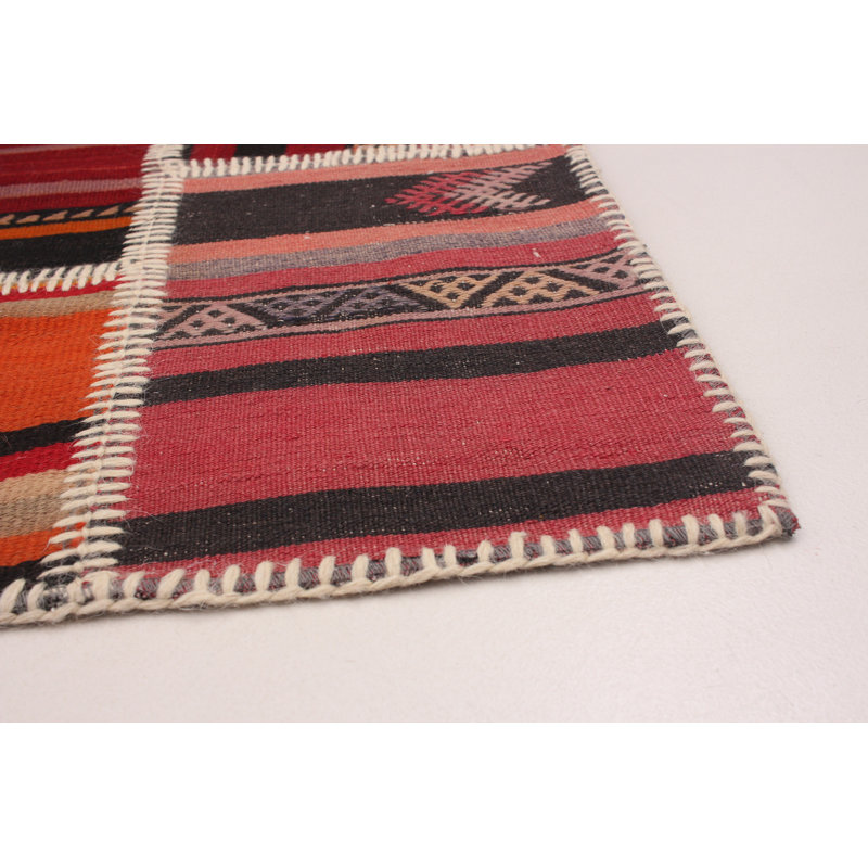 Tapis rouge / noir / orange en laine tissé à la main de conception unique 7 pi 7 po x 10 pi 2 po Zilla