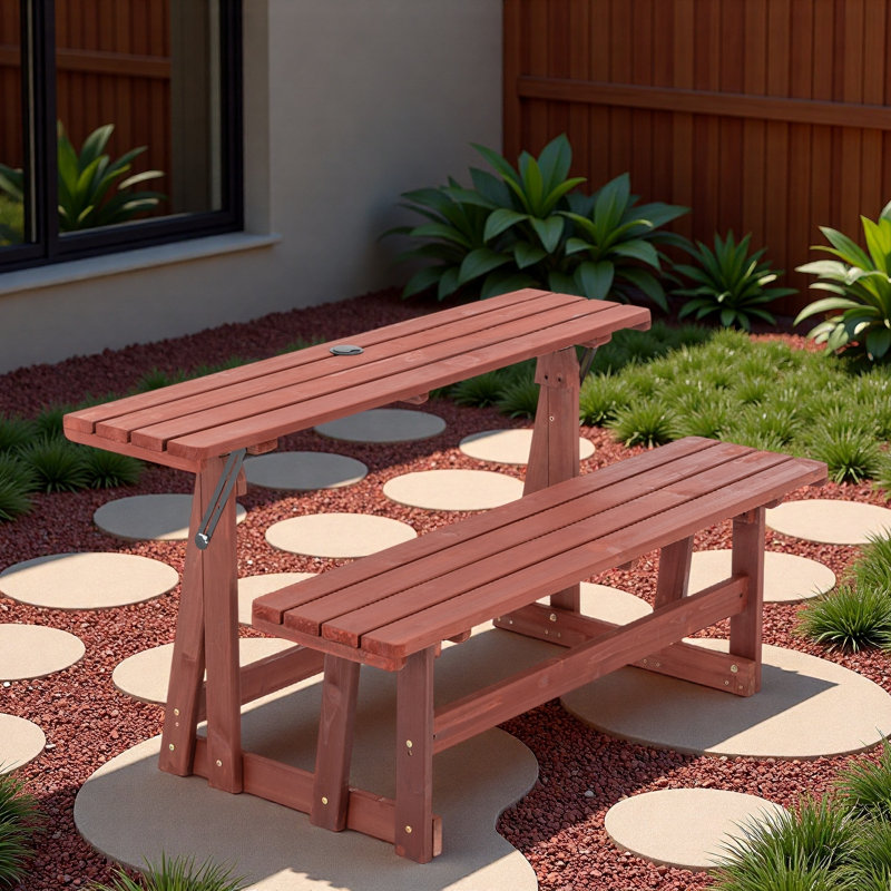 Table de pique-nique convertible 2 en 1 avec dossier et trou pour parasol