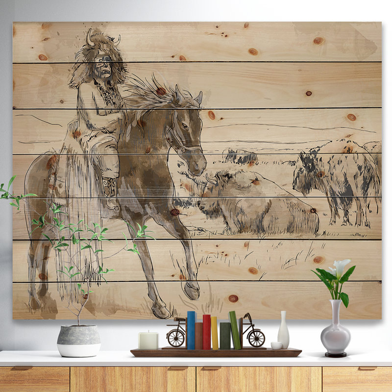 Imprimé de cheval d’équitation indien-impression de dessin, H 30 po x l 40 po x P 1,5 po, Bois