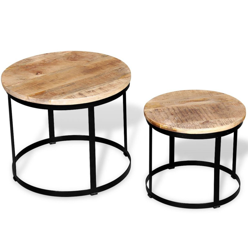 Coffee Table Set 2 Piece Round End Table Side Table Solid Wood Mango, Beige