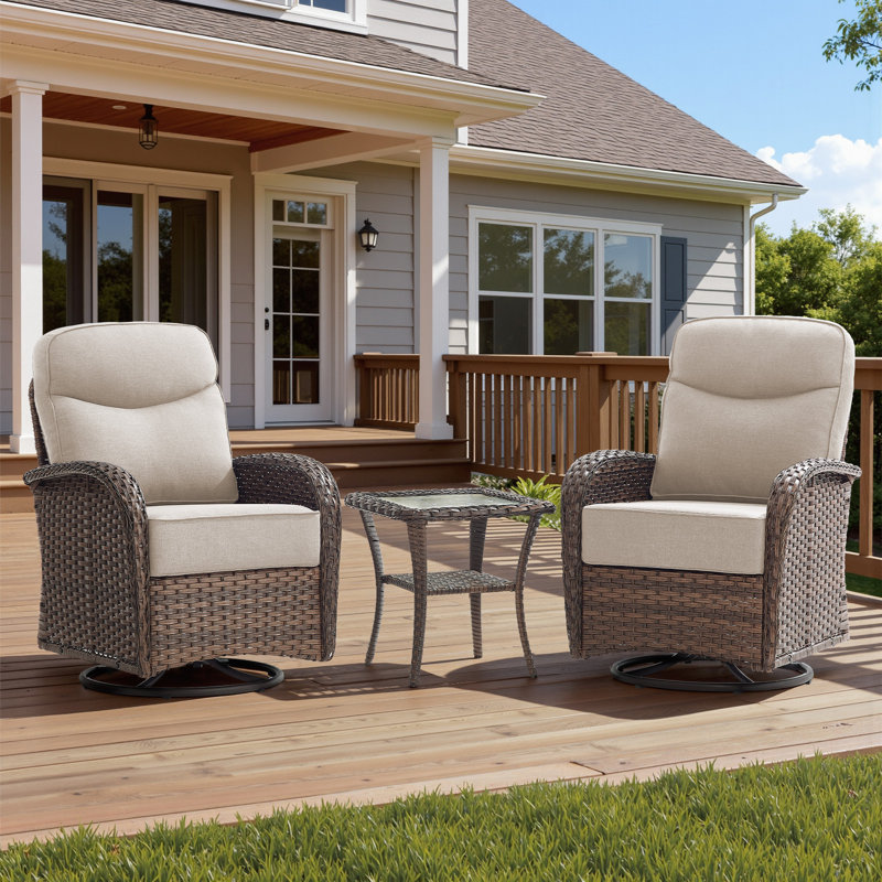 Arbor Swivel Glider Patio Chairs With Side Table, Luxury 6" Water-Resistant Olefin Cushions Outdoor Wicker Chairs For Porch & Backyard
