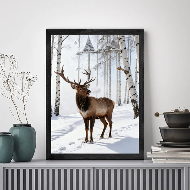 Art mural rétro noir encadré cerf dans la neige, impressions de style rétro, H 37 po x l 25 po