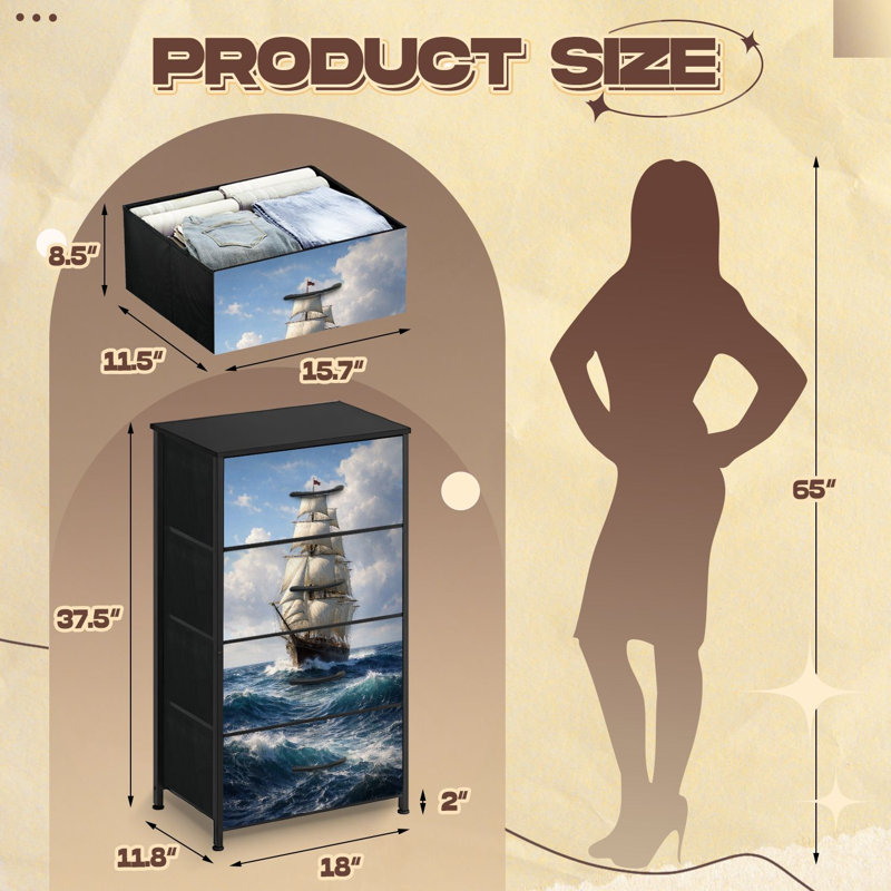 Commode pour chambre à coucher avec 4 tiroirs de rangement Voilier Ocean Waves Commode dramatique marine