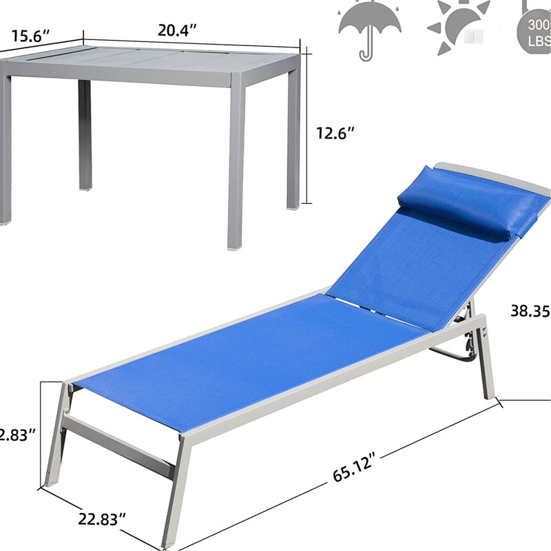 3 chaises longues de jardin réglables, cadre en aluminium bleu, 2 chaises longues + 1 table d'appoint