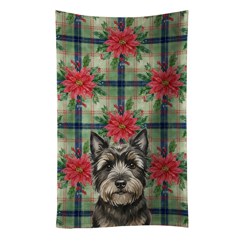Black Cairn Terrier Christmas PoinsettIas Kitchen Towel, Black Cairn Terrier