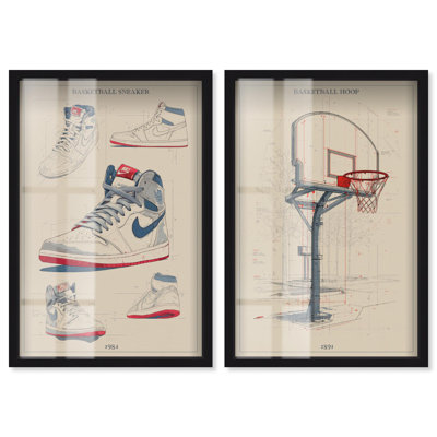 Ensemble de décorations murales sportives « Basketball Blueprints » de Art Remedy, cadre noir, 10 x 15