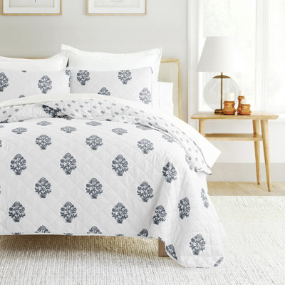Quilt Set - Lightweight - All Season Quilted Coverlet -Stamped Bloom Dusk Blue