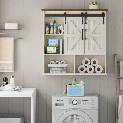 Armoire de salle de bain murale, armoire à pharmacie Farmhouse avec porte de grange coulissante double, blanc rustique