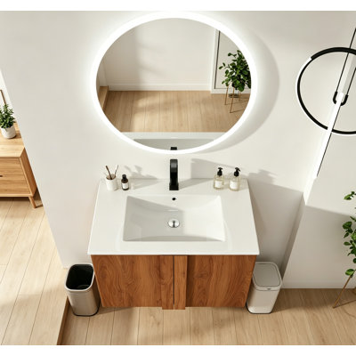 30" Wall-Mounted Bathroom Vanity with Sink Combo, Floating Vanity in Brown Ebony, Soft-Close Doors, Modern Design for Small to Medium Bathrooms 