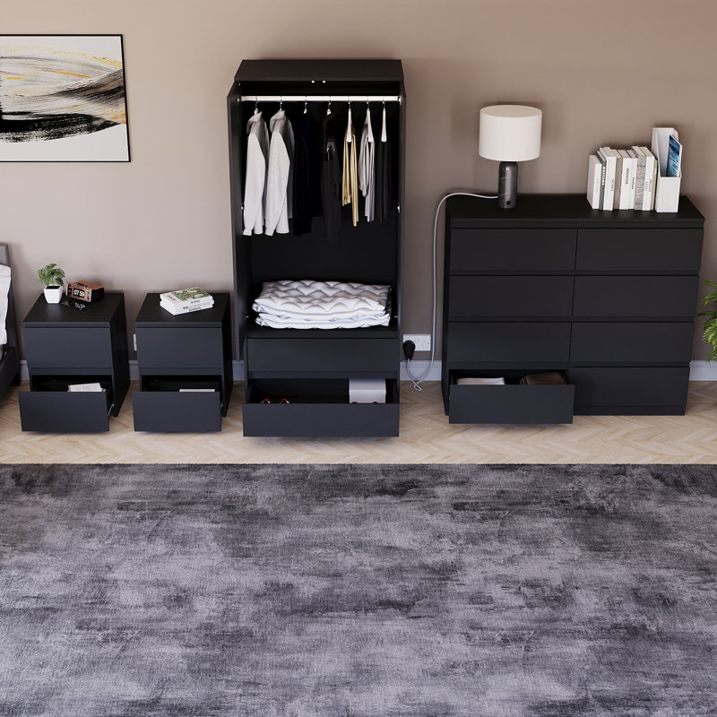 Tanino 4 Piece Bedroom Set (2 Drawer Large Bedside Chest X2, 8 Drawer Chest, 2 Door 2 Drawer Wardrobe), Black