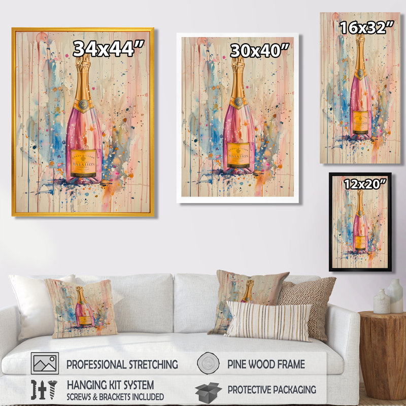 Elegant Champagne Showers II - Champagne, reproduction d'art murale, H 32 po x l 16 po, Cadre flottant brun