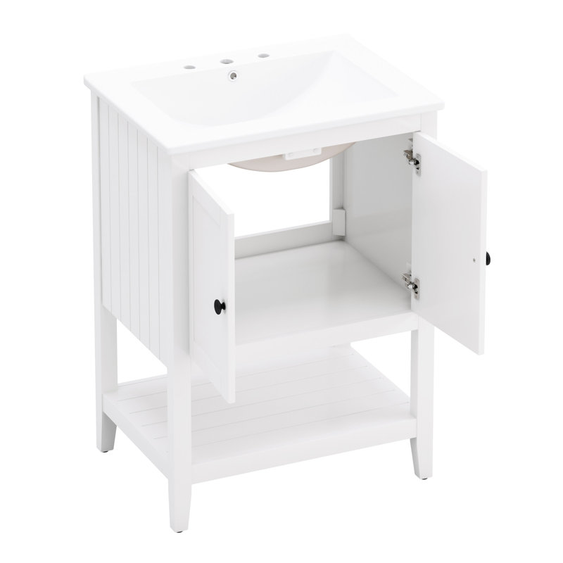 Lavabo de salle de bain élégant et moderne en céramique 24 po avec porte ouverte et armoire de rangement en céramique