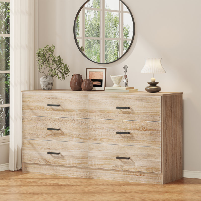 Commode double 6 tiroirs, commode de 47,3 po de largeur avec poignées en métal, armoire de rangement pour chambre à coucher