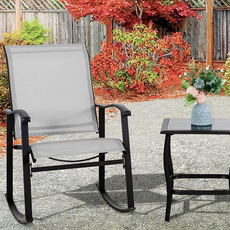 3 Piece Rocking Bistro Set with Rocker Chairs and Glass Coffee Table Set of 3, Rectangular Porch Furniture for Small Space,