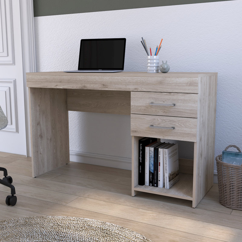 Bureau d'ordinateur, deux tiroirs, une tablette inférieure, Gris clair
