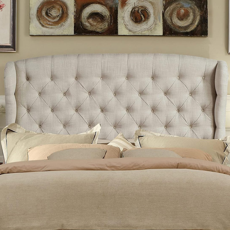 Fabric Upholstered Bed,Tufted Headboard Adjustable Height Bed Frame, Queen, Beige