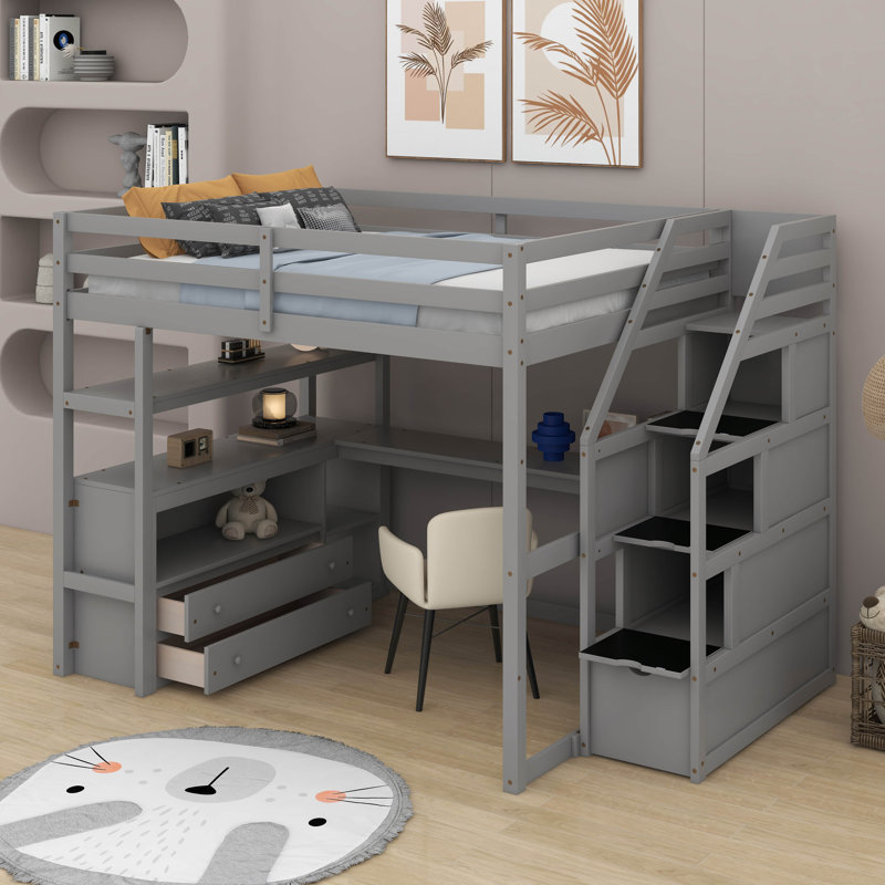 Lit mezzanine double avec bureau et tablettes, Gris