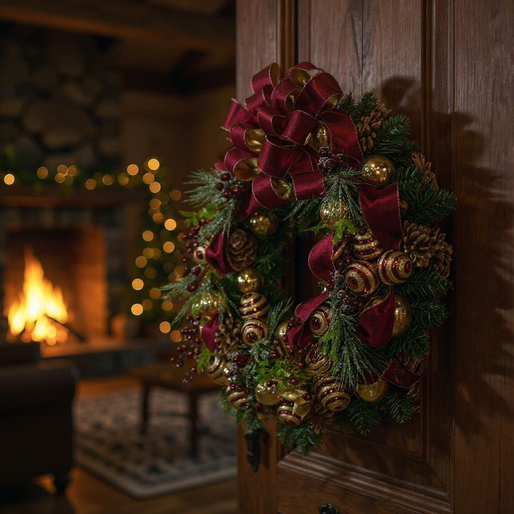 Jhamal Burgundy and Gold Holiday Wreath with Ornaments, Berries, Pinecones and Large Bow with Ribbon The Holiday Aisle®