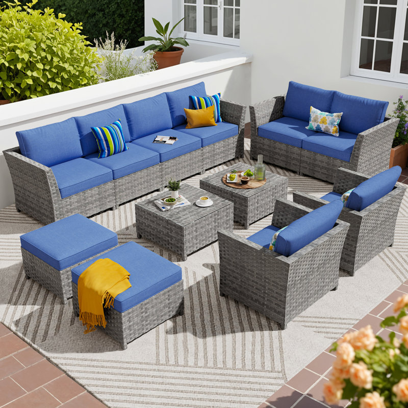 12- Piece No - Assembly Wicker Outdoor Patio Furniture Set with ottoman.include Cushions and table, Navy