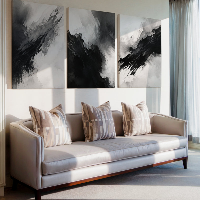 Triptyque panoramique abstrait exclusif de montagne en noir, gris et blanc, composé de 3 pièces, idéal pour décorer le salon, la chambre et le bureau.
