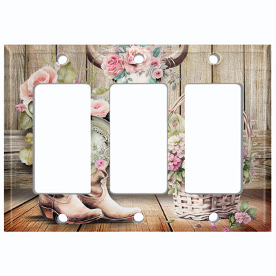 Metal Light Switch Plate Outlet Cover (Cowgirl Wedding Boots Flowers 2 - Triple Rocker)