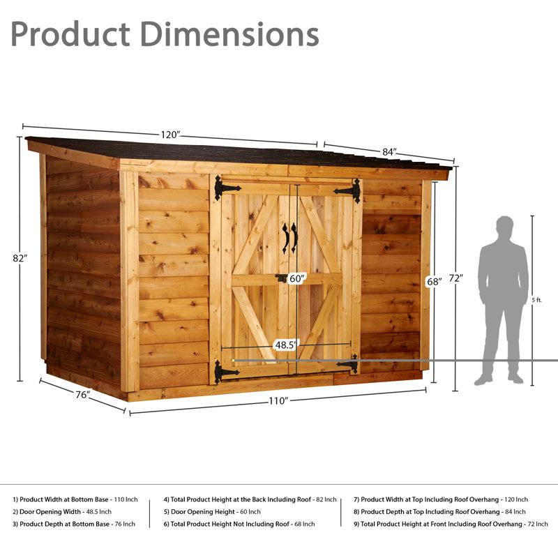 9 ft. W x 6 ft. D Western Red Cedar Lean-To Storage Shed | 48" Walk-In Door | 2 Interior Shelves | DIY Kit