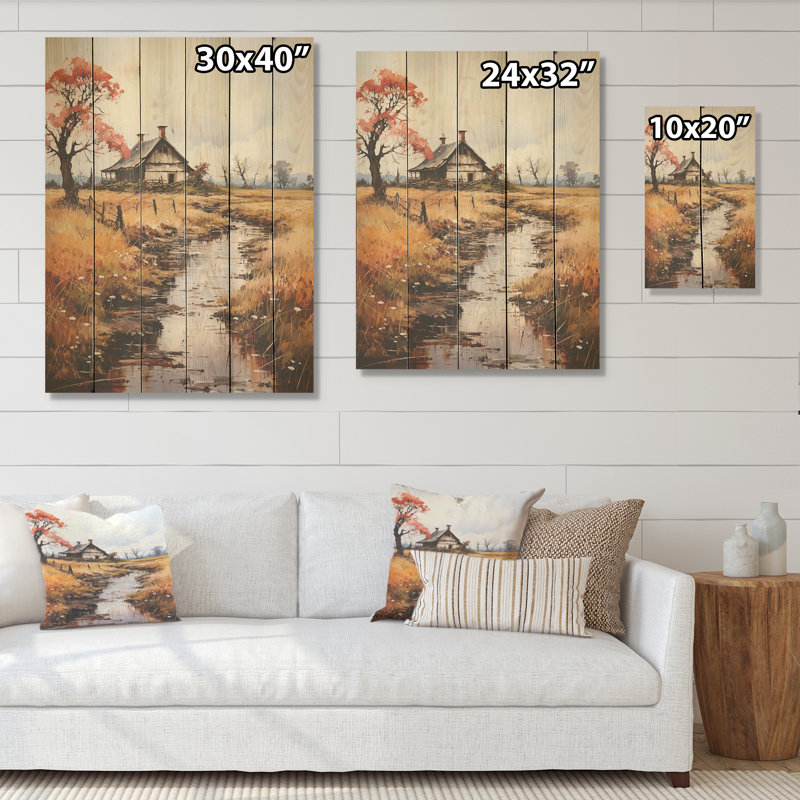 Neo impressionniste, campagne nostalgique - campagne, art mural sur bois de pin naturel, H 20 po x l 10 po
