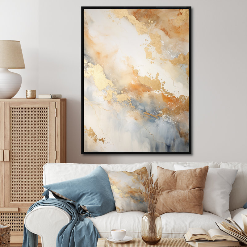 Géode de marbre magique doré et blanc IV - art mural abstrait_106517, Cadre flottant noir, H 44 po x l 34 po x P 1,5 po
