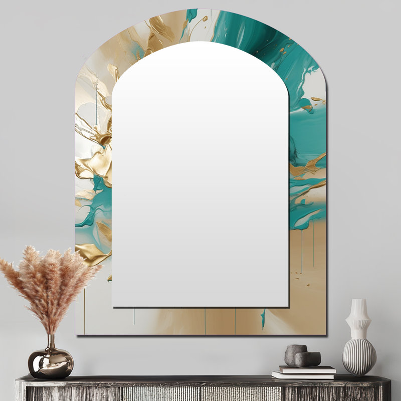 Gold And Turquouse Marble Fuild Ink - Marble Asymmetrical Decorative Wall Mirror, Modern Arch Mirror, Printed Metal Art