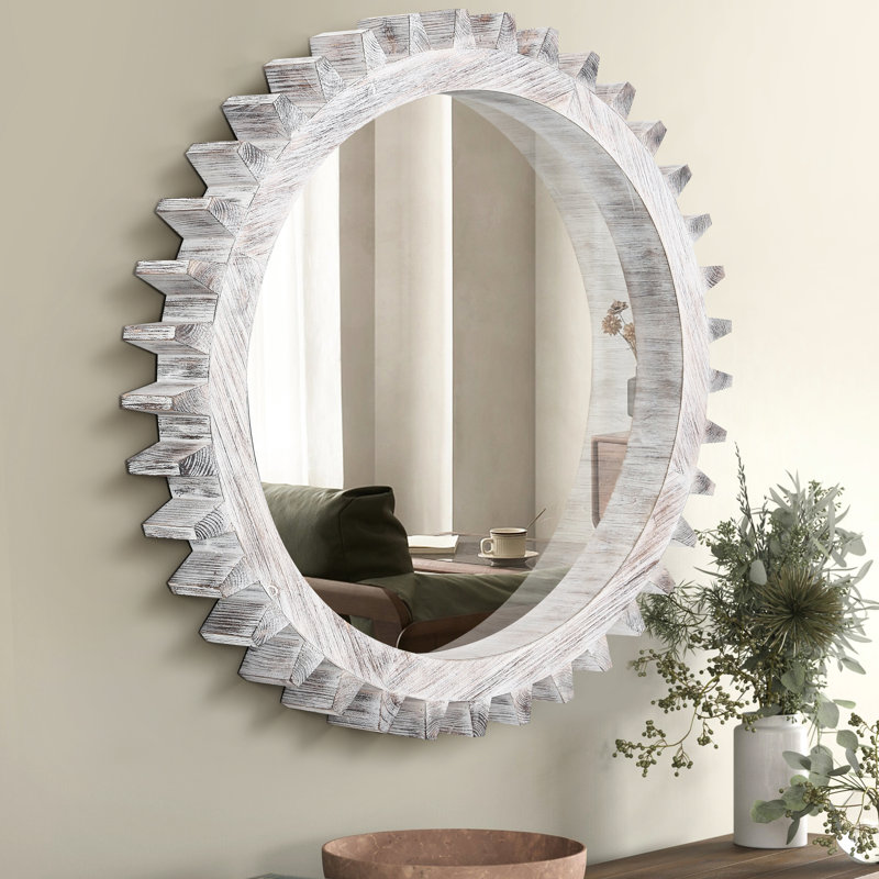 42'' X Antique White Washed Gear Mirror - Stylish Decor For Bathroom, Living Room, Entryway Heavy Vintage Style Design