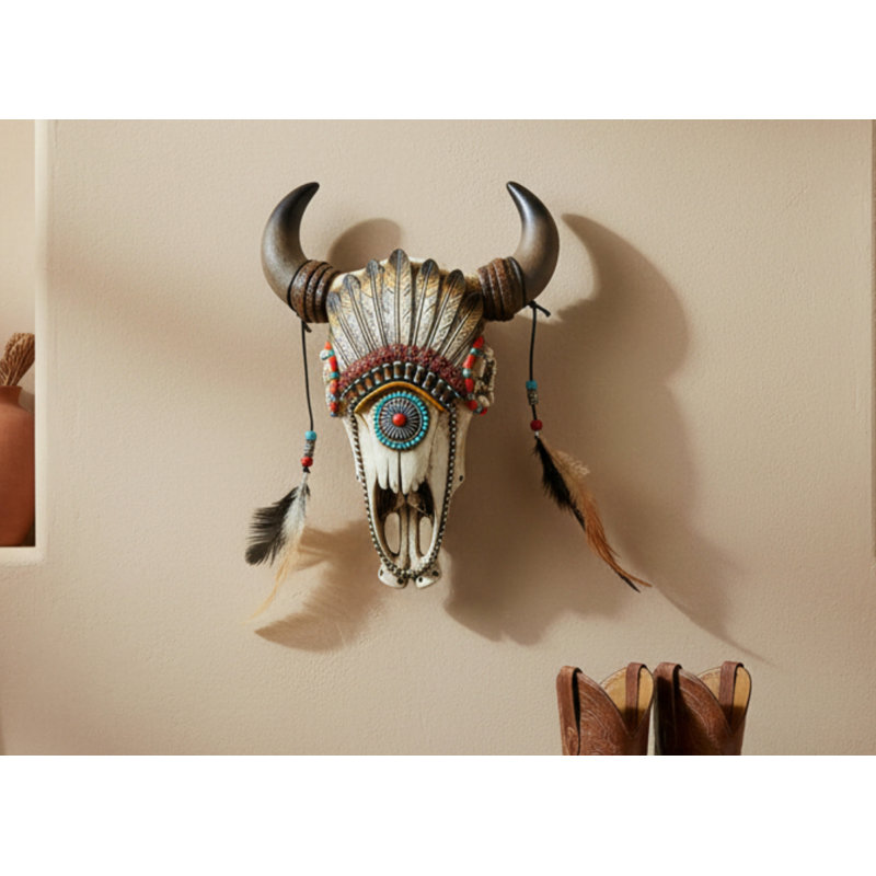 Bull Skull with Feather Headdress Rustic Southwestern Wall Décor