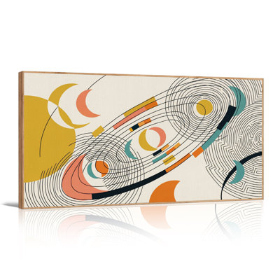 Tableau abstrait sur toile représentant des croissants de lune et des lignes géométriques