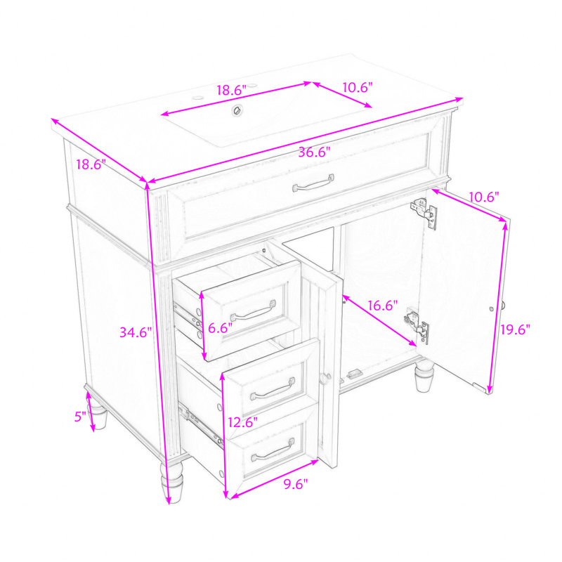 Meuble-lavabo 2 tiroirs avec lavabo en céramique et armoire de rangement 2 tiroirs, Blanc