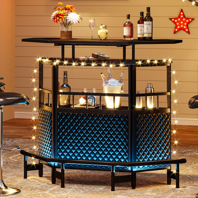 Bar Unit For Liquor, 4 Tier Home Bar Cabinet With Storage Shelves And Footrest, Corner Mini Bar Table With Wine Glass Holder For Home/Kitchen/Bar/Pub, Black