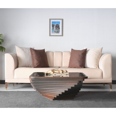Table basse Duru, table de centre en bois, plateau en verre trempé, placage de noyer