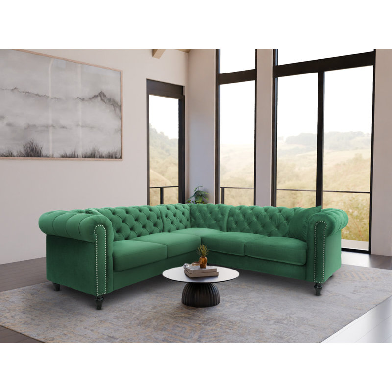 Pultneyville Velvet Corner Sofa , 5, Bottle Green, Symmetrical