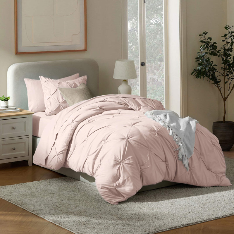 Bed-in-A-Bag Pleated Comforter Set with Bed Sheets, Peach Beige, Twin Comforter + 4 Additional Pieces