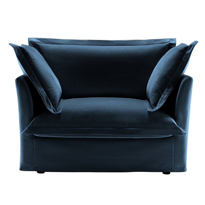Fauteuil de luxe en bleu, tissu chenille, siège profond, tissu de grand dossier avec housses amovibles et coussins multiples, confortable