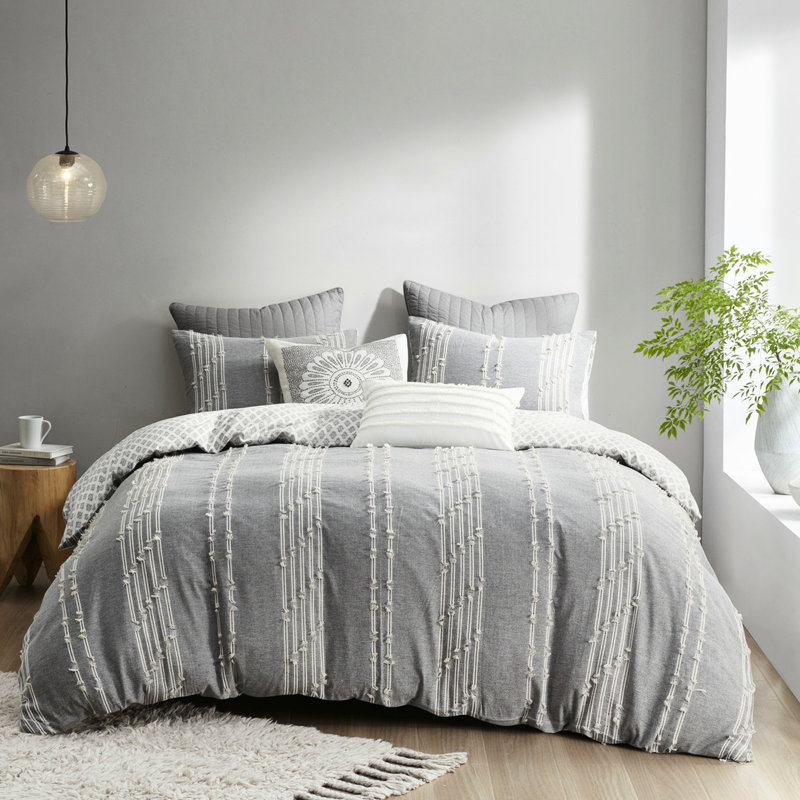 Housse de couette pour lit double / grand lit, gris et coton, avec fermeture à bouton