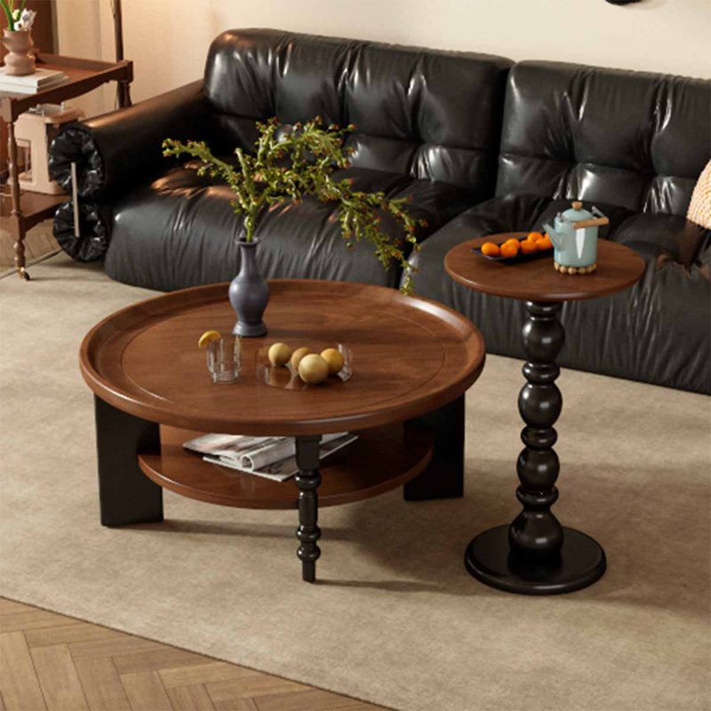 Ensemble de tables basses rondes en bois massif brun, Brun et noir