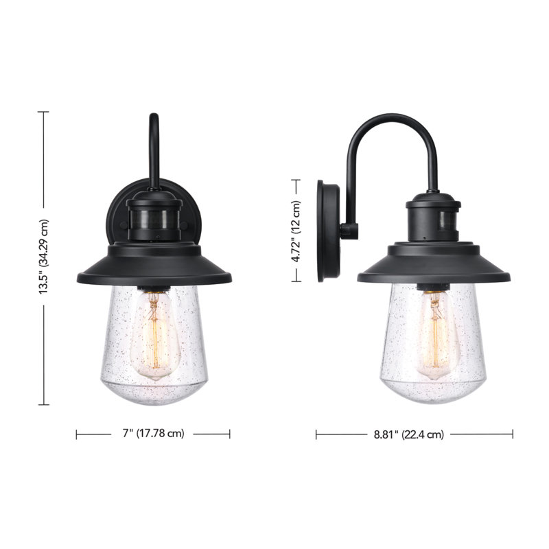 1-Light Matte Black Motion Activated Outdoor Wall Sconce With Seeded Glass Shade