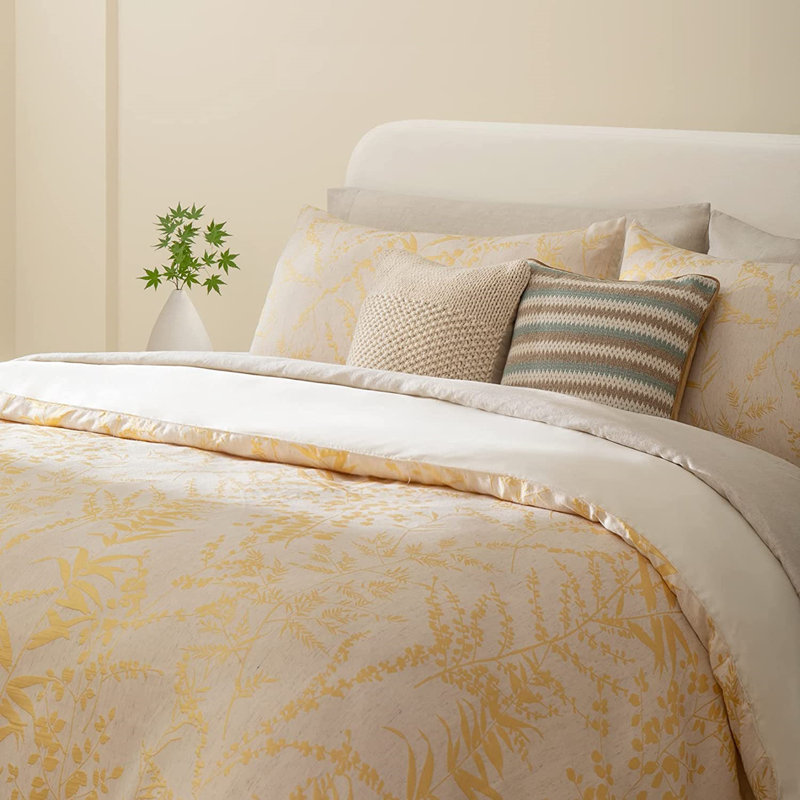King Size Duvet Cover Set of 3 with Leafy Jacquard, Creamy White and Sage Green, 300 Thread Count 100% Cotton Bedding Set, Combo of Duvet Cover and Pillow Shams